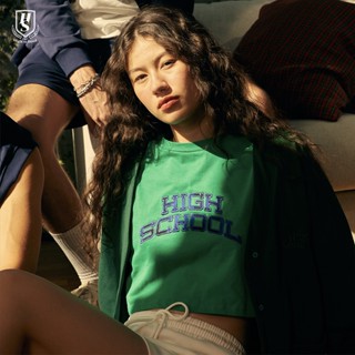 Highschool - CRG0014 เสื้อยืดแขนสั้นทรงครอป โลโก้ผ้าลายสก๊อต