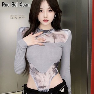 RUO BEI XUAN เสื้อยืดแขนยาวผู้หญิงสไตล์เกาหลีสลิมแขนยาวเซ็กซี่จั๊มสูท