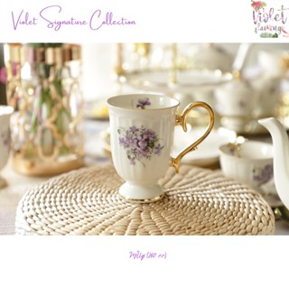 Violet Flamingo แก้ว Mug มือจับทอง 260ML แก้วกาแฟลายดอกไม้สีม่วง รุ่น Violet Signature **เฉพาะแก้ว ไม่รวมจานรอง**