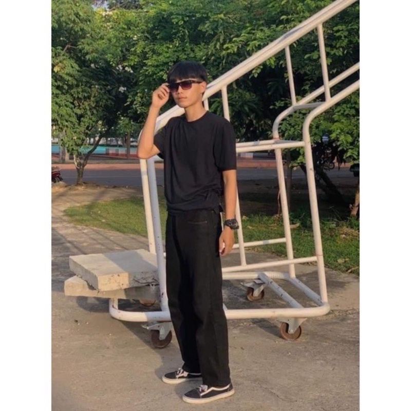 กางยีนส์ทรงกระบอก กระบอกดำ ผ้ายีนส์ไม่ยืด เอวสูง ทรงวินเทจ