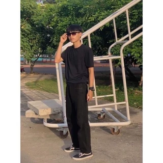 กางยีนส์ทรงกระบอก กระบอกดำ ผ้ายีนส์ไม่ยืด เอวสูง ทรงวินเทจ