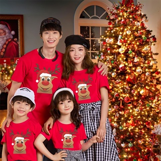 T-shirt เสื้อยืดแขนสั้นลายคริสต์มาสกวางคริสต์มาสน่ารักหลวม Merry Christmas เสื้อยืดคริสมาส เสื้อยืดคริสต์มาสสีแดง No.004