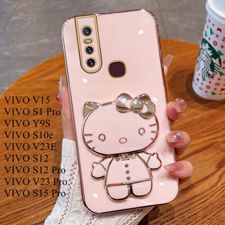 เคสโทรศัพท์มือถือ TPU นิ่ม ปิดด้านหลัง ลายการ์ตูนแมว KT แต่งกลิตเตอร์ พร้อมกระจกแต่งหน้า หรูหรา สําหรับ VIVO V15 S1 Pro Y9S S10e V23E VIVO S12 Pro V23 Pro VIVO S15 Pro