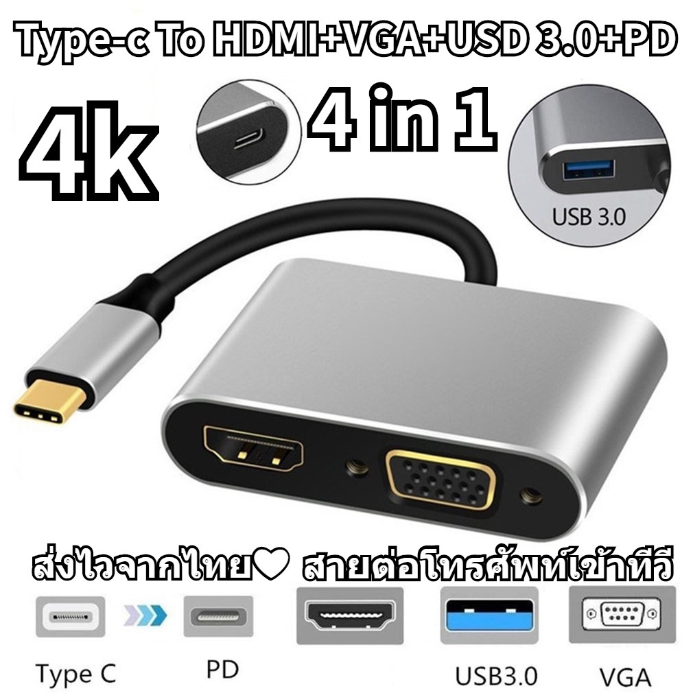 4in1 USB C to HDMI VGA Adapter Type-c to HDMI 4K for MacBook Pro HP Envy 13 Dell XPS13/15 Lenovo mii