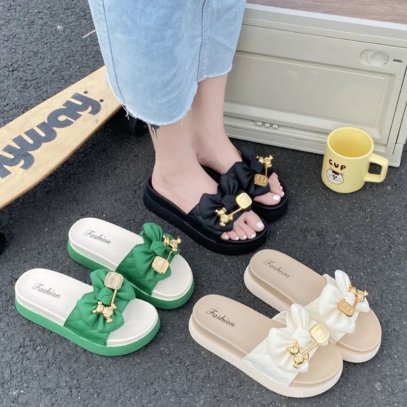 midsummer รองเท้าแตะแฟชั่นผู้หญิง ใส่สบายทรงส รองเท้าแตะแต่งโบว์และหมีน่ารักๆ พื้นหนานุ่ม น้ำหนักเบา