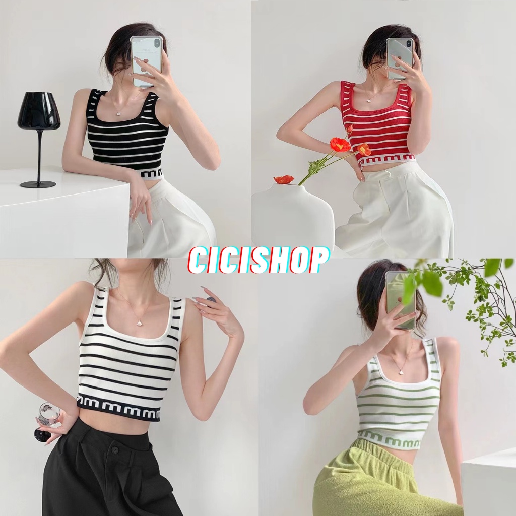 Cicishop(61572)สายกล้ามไหมพรมลายทางเข้ารูปแนวสปอร์ต  ปักตัวอักษรที่ใส่จั้มเอวน่ารักกก