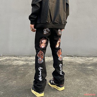 Hot sale🤎American High Street Flame Skull ปักลายกางเกงยีนส์ขาตรง Fried Street Ruffian Handsome Pants