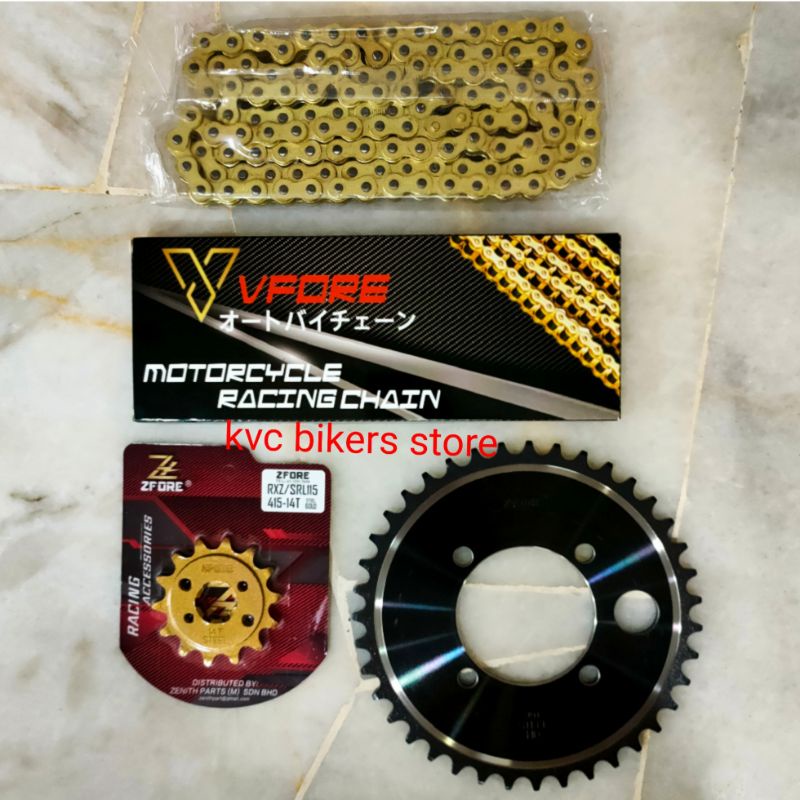 VFORE 415 GOLD CHAIN + ZFORE SPROCKET(สีดํา) LC135/RXZ/Y125ZR/Y15ZR Y16ZR 4HOLD (LUBANG) HUB