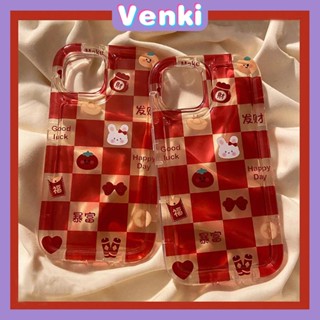 VENKI - Case For iPhone 14 Pro Max TPU Soft Jelly Airbag Clear Case Red Checkerboard Cute Bunny Camera Protection Shockproof For iPhone 14 13 12 11 Plus Pro Max 7 Plus X XR