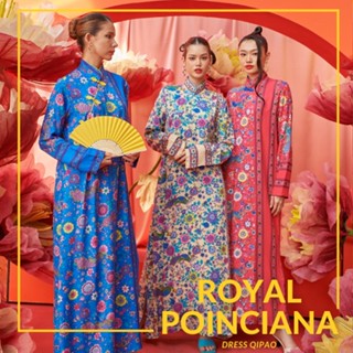 THONGYOY - Dress Qipao Royal Poinciana เดรสกี่เพ้าคอจีน เดรสยาวคอจีน กี่เพ้าลายนกยูงทรงตรง