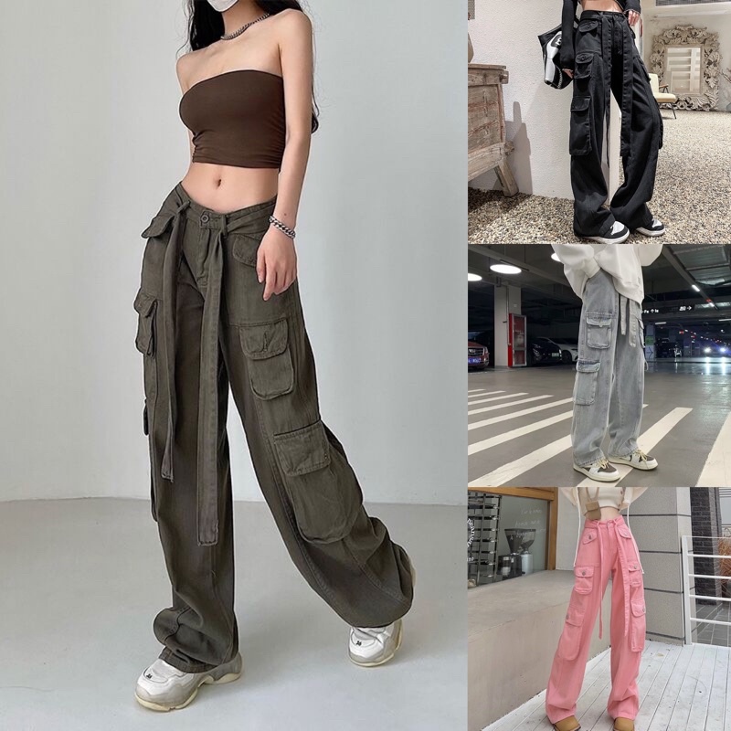 มีสต๊อกในไทย กางเกงขายาวผู้หญิง คาร์โก้ Cargo pant กางเกงยีนส์ พร้อมส่งจากไทย มีเชือกตรงเข็มขัด สไตล์y2k วินเทจ