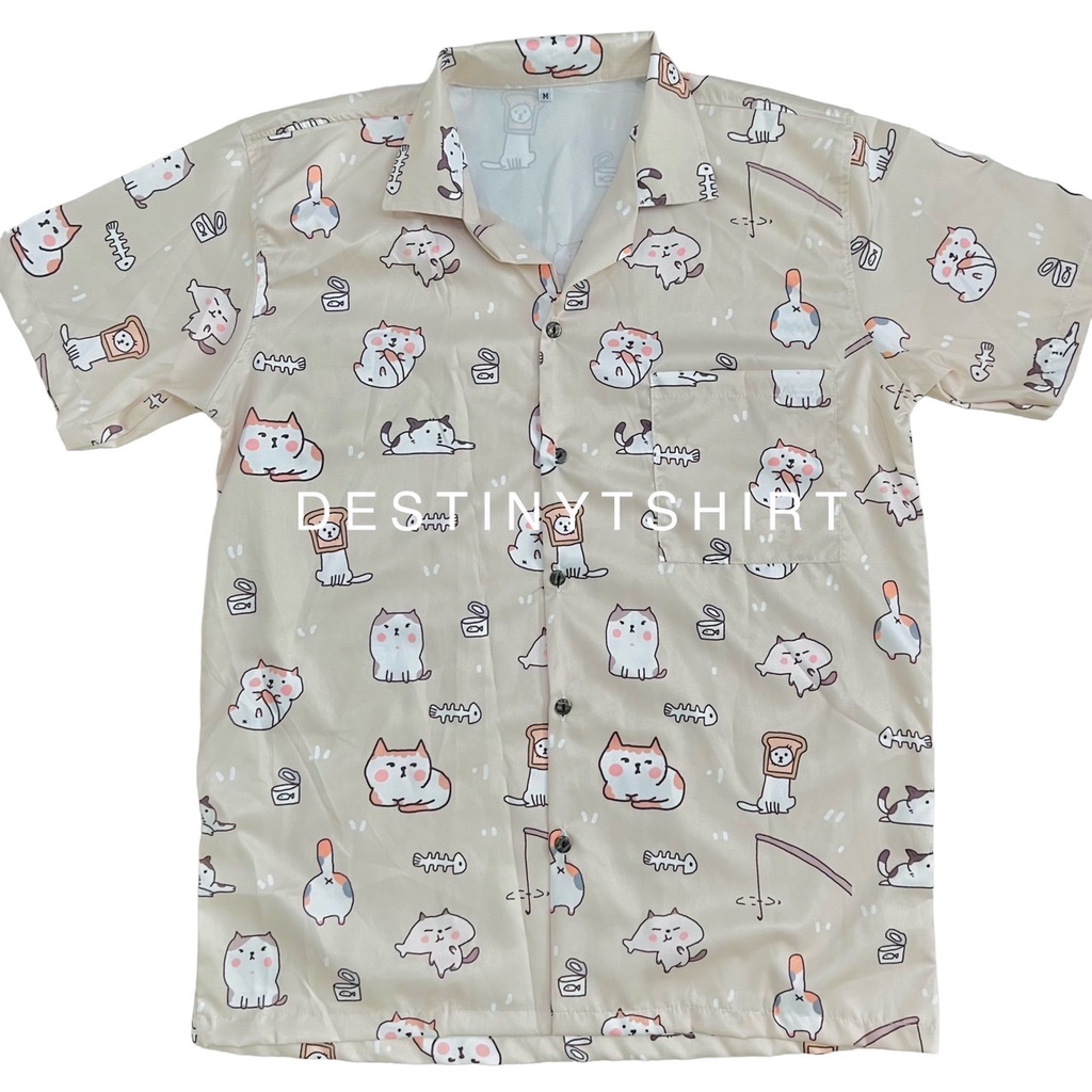H192 เสื้อเชิ้ตฮาวาย ผ้าไหมอิตาลี เสื้อสีเบจลายแมว