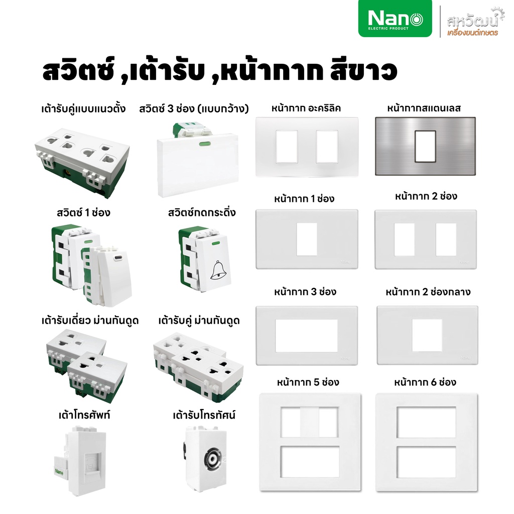 NANO สวิตซ์ สวิทซ์ เต้ารับ หน้ากาก ฝาครอบ สีขาว – ปลั๊ก แลน เต้ารับทีวี โทรศัพท์ ปลั๊กกราวน์ ปลั๊กกราว สวิท สวิทซ์ มีมอก