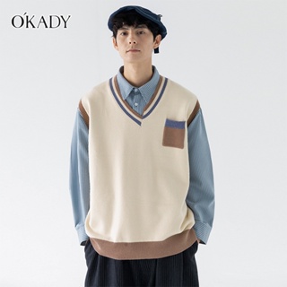 OKADY เสื้อสเวตเตอร์ผู้ชายแฟชั่นสไตล์เกาหลีคอปกแขนกุดเสื้อถักเทรนด์คู่รักหลวมลำลองเสื้อกั๊กปัก