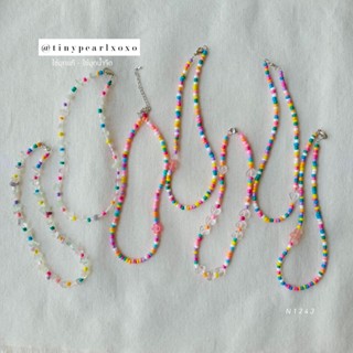 สร้อยลูกปัด ไข่มุกแท้ Pink Colorful Bead ลูกปัดสีชมพู หินแตก Smiley หัวใจไข่มุกน้ำจืด สร้อยใส่ไปทะเล Tinypearlxoxo N1243