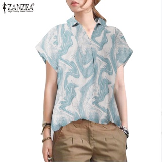 Zanzea เสื้อเบลาส์ แขนสั้น คอปก พิมพ์ลายดอกไม้ ฮิปปี้ สไตล์เกาหลี สําหรับผู้หญิง