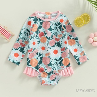 Babygarden-9 เดือน - 4 ปี เด็กผู้หญิง พิมพ์ลายดอกไม้ แขนยาว คอกลม ชุดว่ายน้ําวันพีช