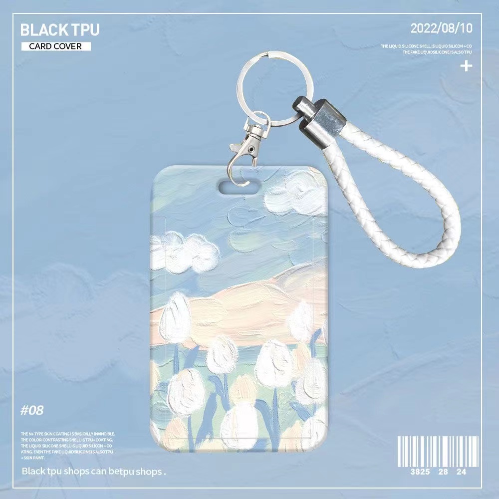 กระเป๋าใส่นามบัตร บัตรรถบัส ลายภาพวาดสีน้ํามัน รูปดอกไม้ สีฟ้า สําหรับนักเรียน โรงอาหาร บัตรประจําตัวประชาชน