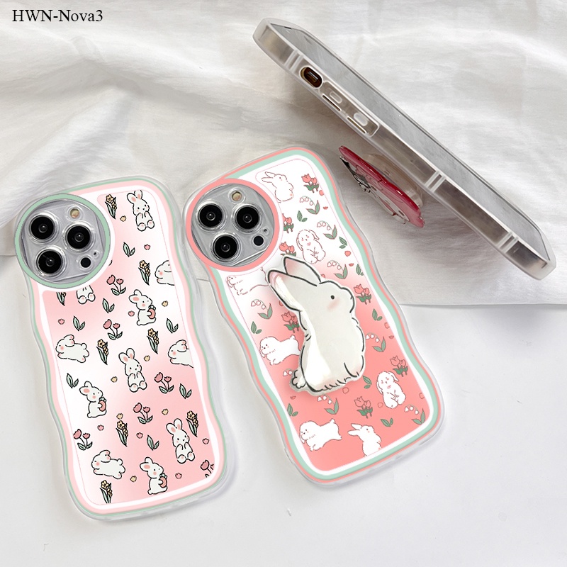 【ฟรี ที่วางโทรศัพท์】Huawei Nova 5T 4E 3 3i เคสหัวเว่ยสำหรับ Soft TPU Clear Case การ์ตูน Flower Rabbit เคสโทรศัพท์ Big Wave Shockproof Cover