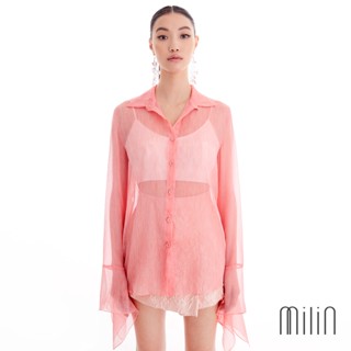 [MILIN] Negros Top Sheer long sleeves flouncy cuff button shirt เสื้อเชิ้ต ผ้าชีฟองโปร่งคอปกแขนยาวแต่งระบายช่วงปลายแขน