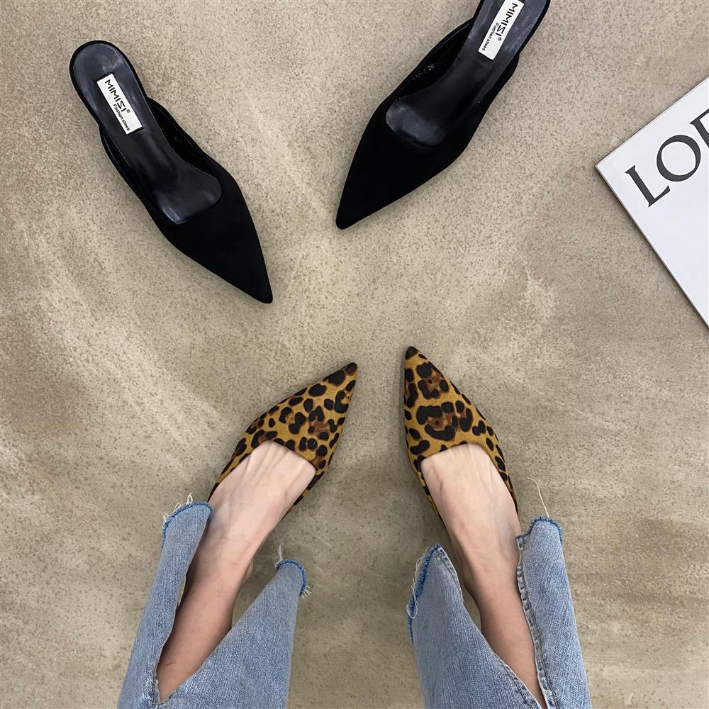 สไตล ์ ใหม ่ ขี ้ เกียจ Slip-On รองเท ้ า Baotou ครึ ่ งรองเท ้ าแตะผู ้ หญิง All-Match รองเท ้ าส ้ นสูงรองเท ้ าเสือดาวพิมพ ์ ขี ้ เกียจ Pointed Toe รองเท ้ าปากตื ้ น Slip-On รองเท ้ าอินเทรนด ์