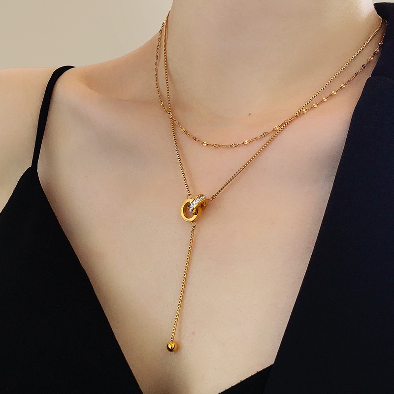 สร้อยคอโซ่เหล็กไทเทเนียม ทอง 18k ฝังเพทาย สองชั้น สไตล์โรมัน ราคา ถูกที่สุด ดีลบีเคเค แกลเลอรีภาพที่ 6