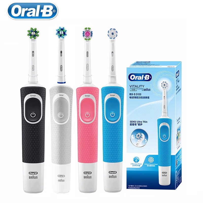แปรงสีฟันไฟฟ้า Oral B D100 Vitality 2D ซ้าย-ขวา 7,600RPM เครื่องชาร์จแบบเหนี่ยวนําการหมุนกันน้ําเต็มรูปแบบ