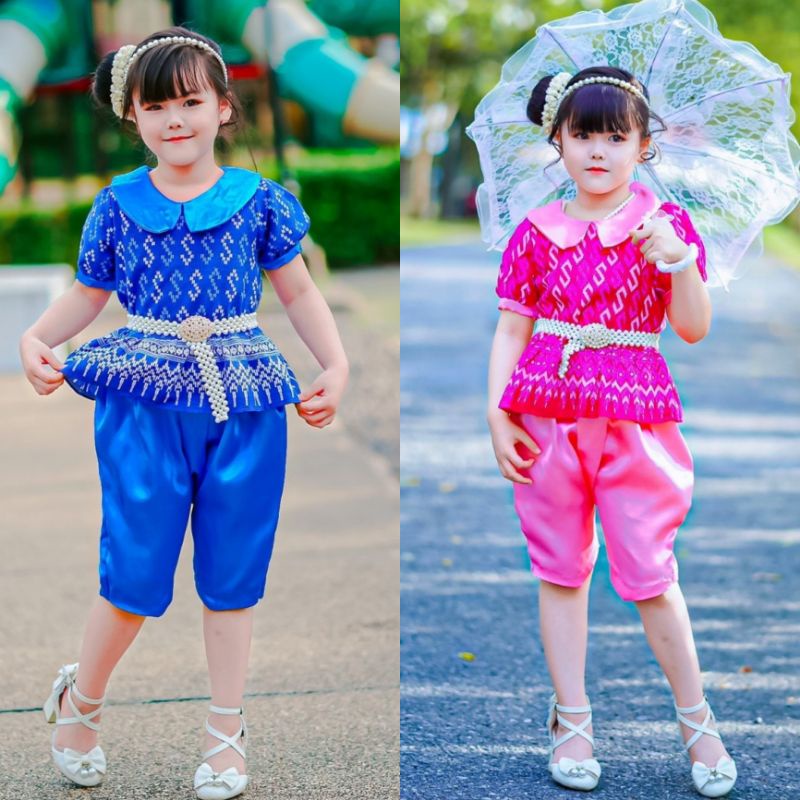 ชุดไทยเสื้อคอบัวแต่งระบายเอวโจงกระเบนผ้าตวลซาติน ชุดไทยเด็ก ชุดไทยเด็กผู้หญิง ชุดไทยใส่งานบวช ชุดไทยไปโรงเรียน