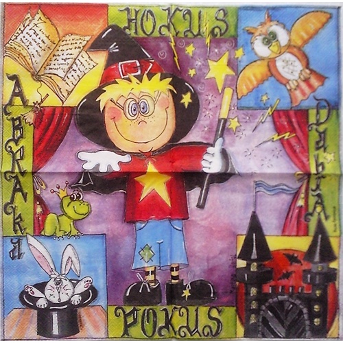 Pladao Napkin 1634 ภาพการ์ตูน พ่อมด นักมายากล Hocus Pocas กระดาษ แนพกิ้น สำหรับงานศิลปะ เดคูพาจ deco