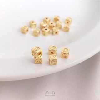 ลูกปัดสี่เหลี่ยม หน้ายิ้ม สีทอง 14K แฮนด์เมด diy สําหรับทําสร้อยคอ สร้อยข้อมือ แหวน และลูกปัด