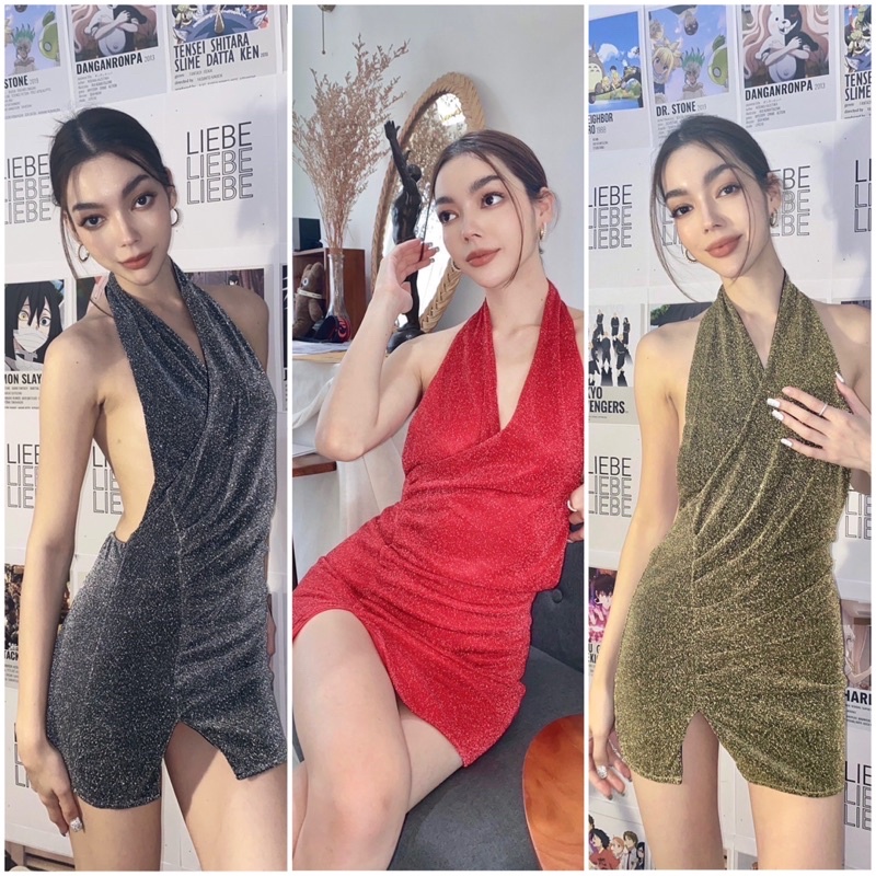 เดรสกริสเตอร์ คล้องคอ โชว์หลัง เดรสสั้นกากเพชร สุดฮิต เดรสใส่ปาร์ตี้ Mika.brand (พร้อมส่ง)