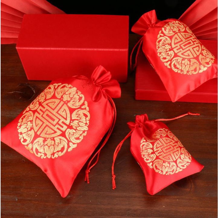 พร้อมส่งจากไทย ถุงไหมจีนดิ้นทอง กระเป๋าผ้าหูรูด ลายอักษรจีนฮก ถุงใส่ส้ม ถุงใส่ของชำร่วย