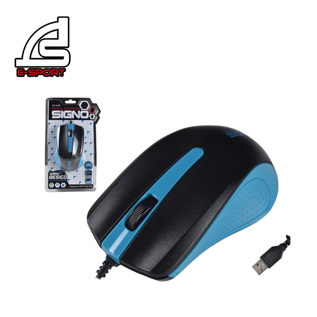SIGNO Optical Mouse MO-230 (สีดำ-ฟ้า) WIRED BESICO OPTICAL MOUSE 1000DPI รับประกันศูนย์1ปี