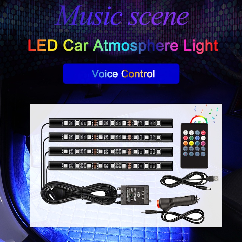 Car Interior Atmosphere RGB LED Strip Light USB Wireless Remote Music Control Multiple Modes Decorative Dynamic Ambient