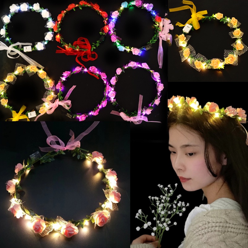 ยางรัดผม รูปดอกกุหลาบจําลอง เรืองแสง LED หรูหรา แฟชั่นแฟรี่ สําหรับงานแต่งงาน วันเกิด วันหยุด ปาร์ตี้ ผู้หญิง