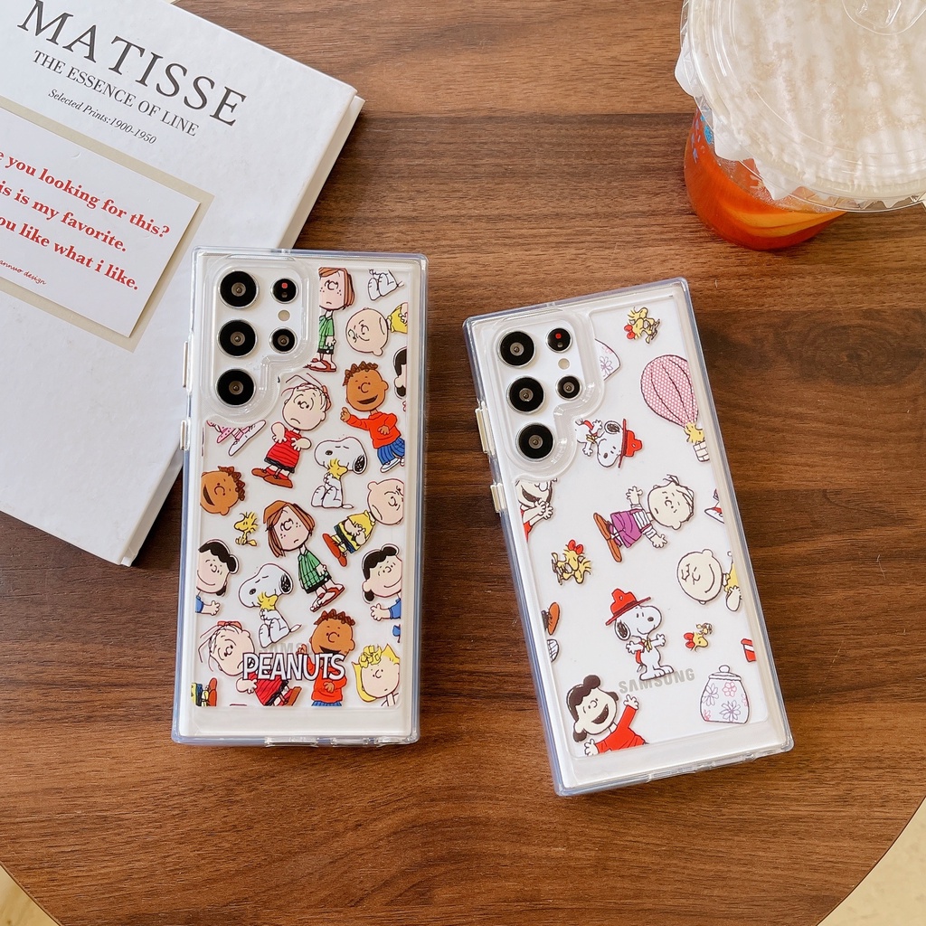 การ์ตูน น่ารัก ชาร์ลี สนูปปี้ อีโมติคอน เคส Samsung Galaxy S24 Ultra S23 Ultra S22 Ultra S21 FE S22 S24 Plus S21 Ultra Case ใหม่ เปลือกอวกาศ ป้องกันสีเหลือง ป้องกันการหล่น โปร่งใส เคส