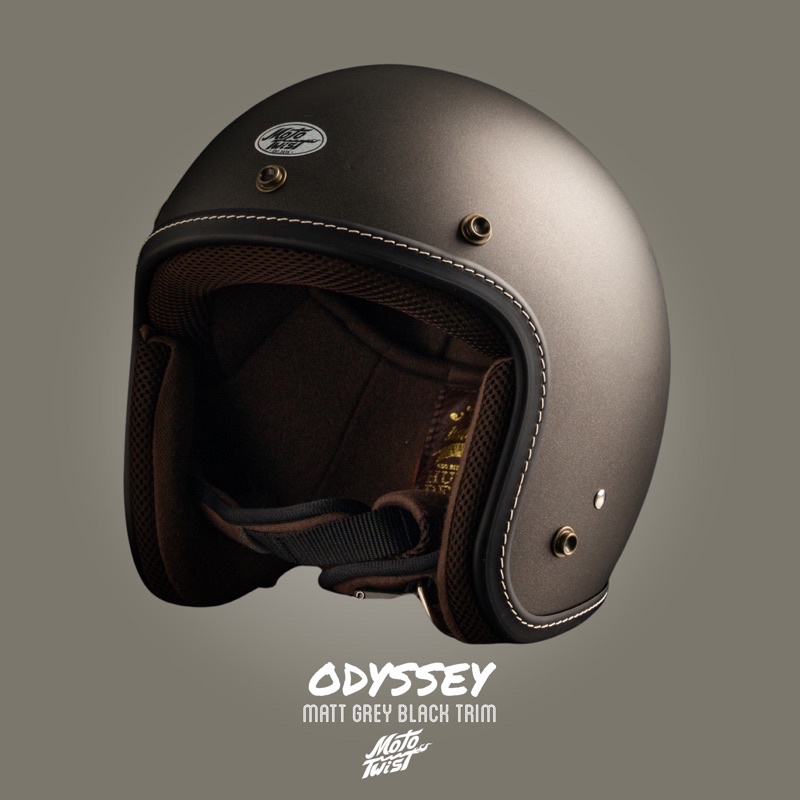 MOTOTWIST ODYSSEY สีเทาด้านขอบดำ หมวกกันน็อคคุณภาพกระดุมทองเหลืองไม่ขึ้นสนิม!