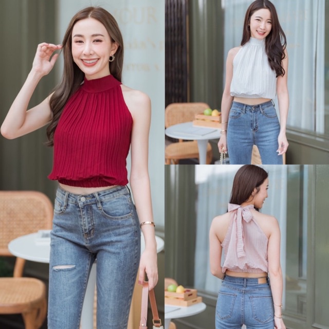 Sugar Top (Basic)เสื้อแขนกุด เอวจั้ม คอปีนผูกเป็นโบว์ด้านหลัง สีพลาสเทล น่ารักหวานกรุบ ใส่สบาย