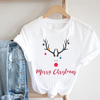 เสื้อยืดคริสต์มาส  New Year  Reindeer Santa Claus Tshirt Merry Christmas  Tshirt Graphic Tees Travel T-shirts Women