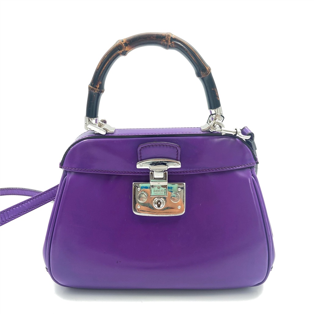 GUCCI Gucci Bamboo กระเป๋าสะพายหนังสีม่วง Messenger กระเป๋าถือหญิง