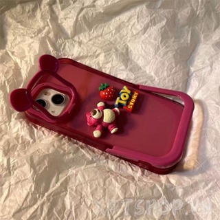 Stereoscopic Lotso Rose red Bear Camera invisible Bracket Phone Case Compatible For iPhone 14 14Plus 13 12 11 Pro Max  Full Coverage Shockproof Cover