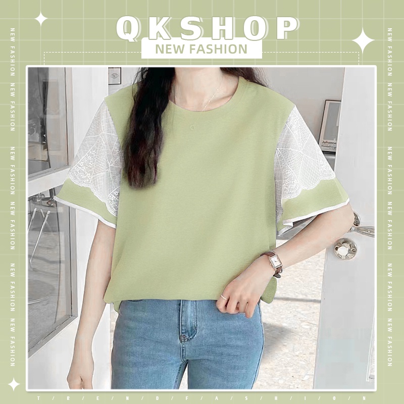 QKshop รุ่นใหม่ เสื้อผ้าสไตล์เกาหลี เสื้อผ้าผู้หญิง เสื้อคอกลมแขนสั้น ผ้านิ่มใส่สบาย แต่งลูกไม้ที่แขน สวยมาก ปังปุริเย่