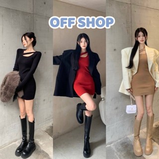 OFF SHOP พร้อมส่ง (OFF-31003) ชุดเดรสไหมพรม แขนยาว ผ้าร่องรัดรูป