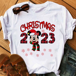 Christmas Mickey Women T Shirt Disney 2023 Happy New Year Ropa Aesthetic Mujer Short Sleeve Home Casual Blouses Xmas Fem