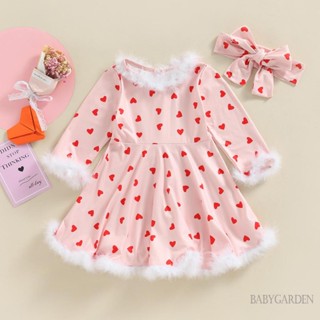 Babygarden- ชุดเดรสแขนยาว คอกลม ผ้ากํามะหยี่ พิมพ์ลายหัวใจ ทรงเอ พร้อมที่คาดผม สําหรับเด็กทารกผู้หญิง อายุ 1-5 ปี เหมาะกับงานปาร์ตี้ วันวาเลนไทน์
