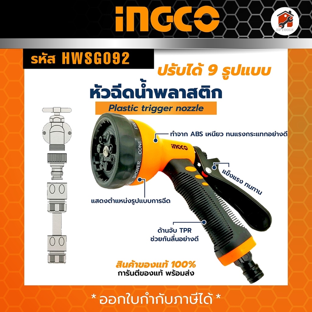 INGCO หัวฉีดน้ำพลาสติก ปืนฉีดน้ำ ปรับแรงดัน 3 รุ่น HWSG032 และ 9 ระดับ รุ่น HWSG092  หัวฉีดน้ำ รดน้ำ - รูปที่ 2