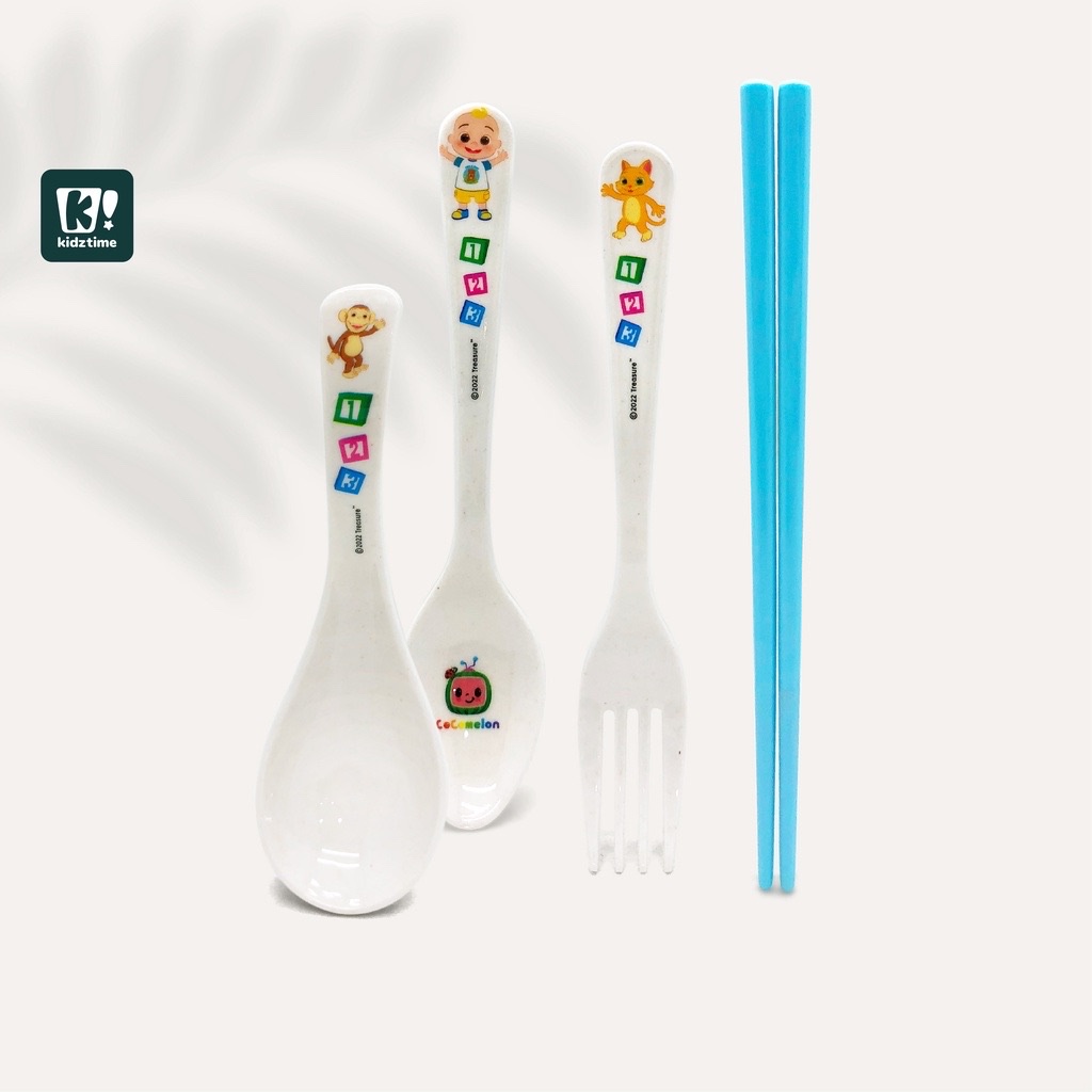 Kidztime ชุดช้อนส้อมเด็ก 3 in 1 เมลามีนไม้ไผ่ ชุดช้อนส้อมปลอดสาร BPA