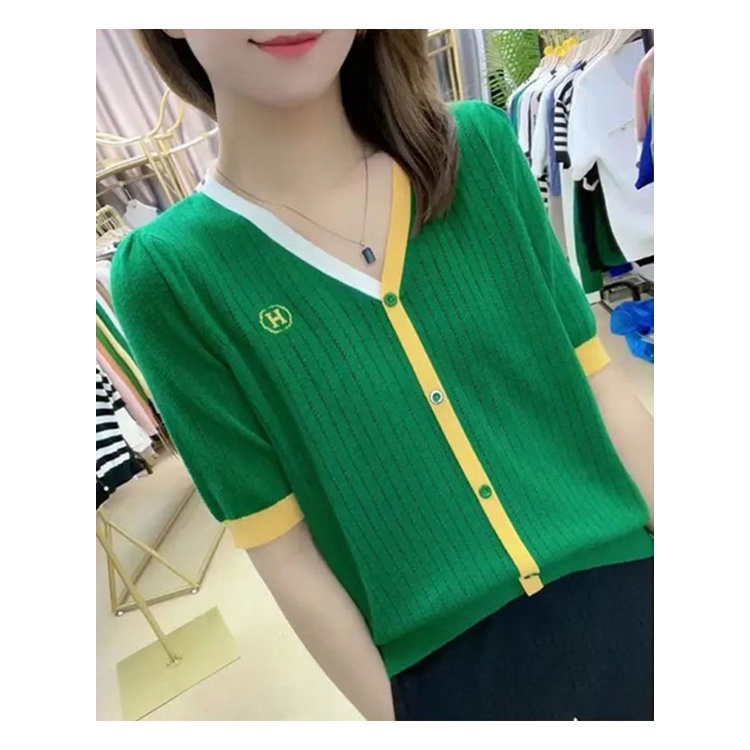 [40-90 กก.] จดหมายเย็บปักถักร้อยกลวงฤดูร้อนถักเสื้อยืดแขนสั้นคอวีสไตล์ตะวันตกผ้าไหมน้ําแข็งด้านบนทุกการแข่งขัน ผอมลง ดู