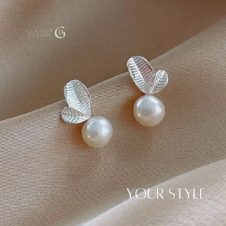 GLAMOR✨ต่างหูไข่มุกแท้ Pearl Leaf ต่างหูไข่มุก เม็ดใหญ่ ต่างหูเงินแท้ ต่างหูมุกเกาหลี ตุ้มหูมุก