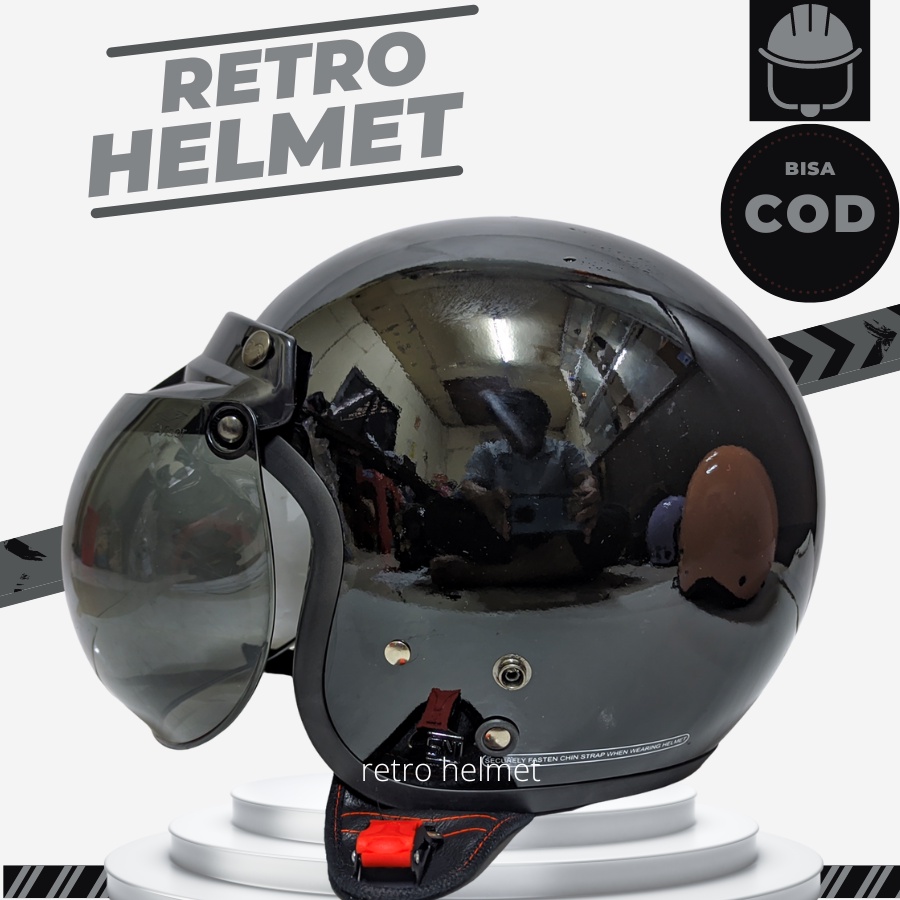 Hitam Bogo หมวกกันน็อคผู้ใหญ่หญิงผู้ชาย Retro Classic Hijab Full คอแก้วแบนนูนธรรมดาสีดํา SNI Premium